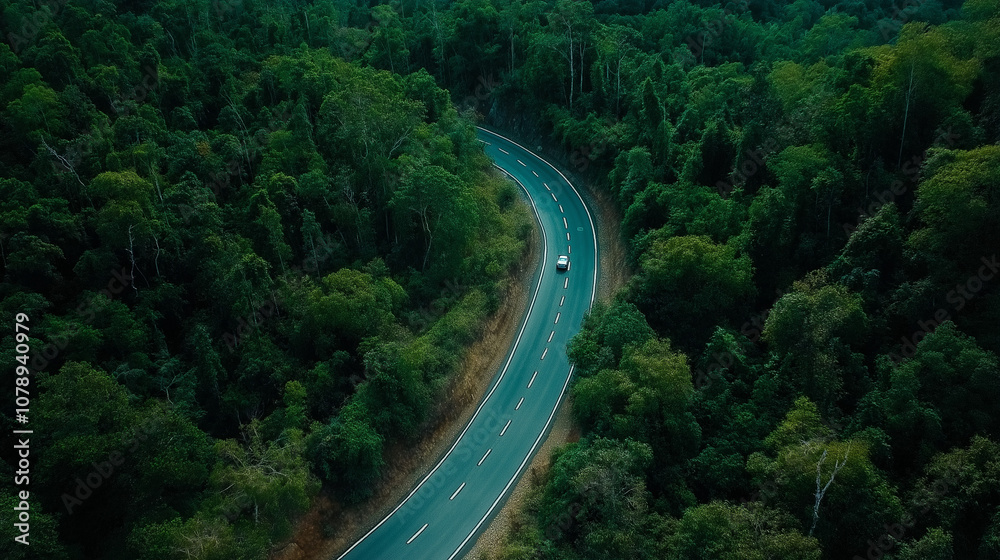 Fototapeta premium A winding road through a lush green forest in the early morning light offers a serene driving experience