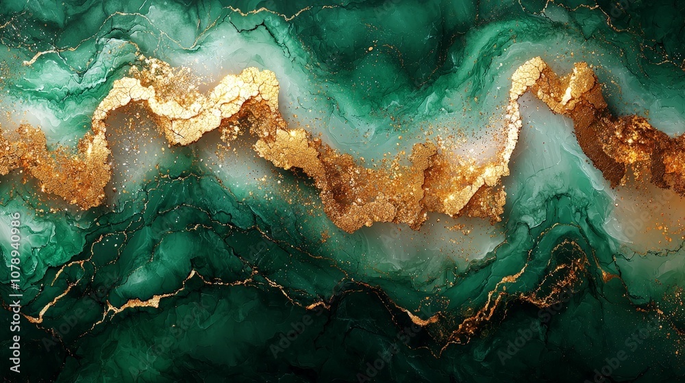 Abstract green and gold marbled design with flowing patterns.
