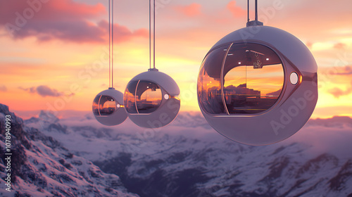 Flying food laboratory, molecular gastronomy pods, zero-gravity tasting spheres, electric sunset hues photo