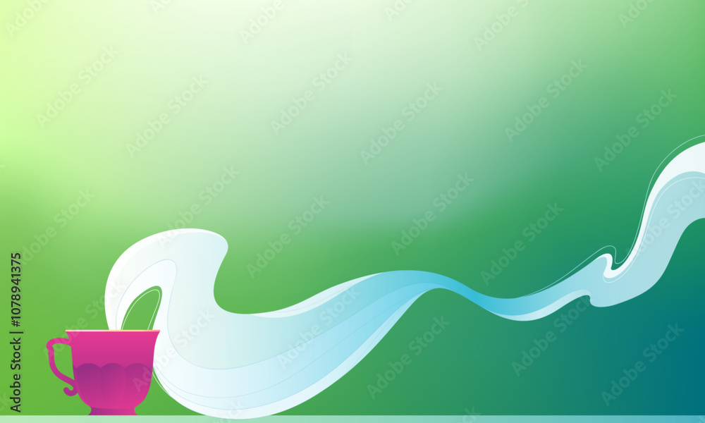 Fototapeta premium Background with a cup of aromatic tea and space for text. Hand drawn vector illustration. Green background with gradients and blur.