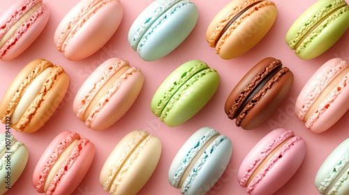 Colorful macarons arranged on a pastel background, delightful sweet treats.