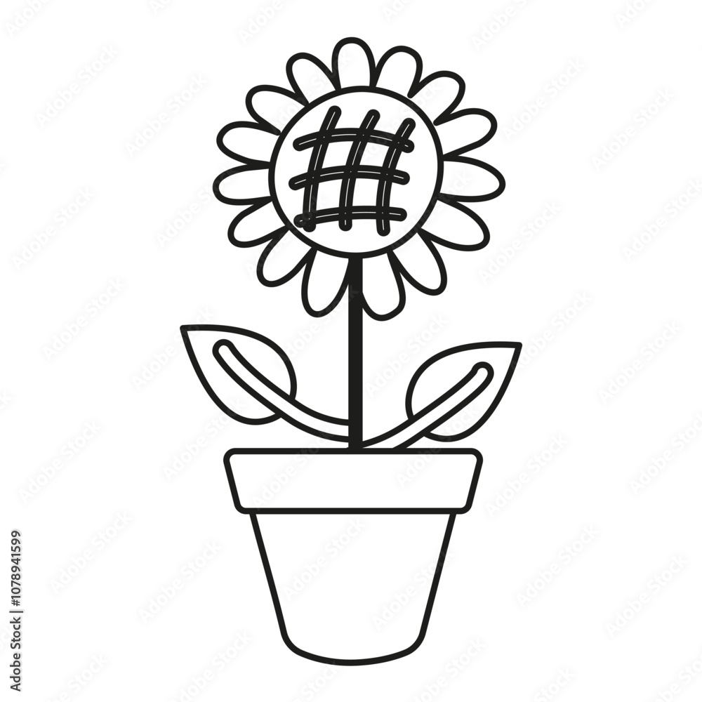 Sunflower in a pot outline isolated on a white background Sunflower in a pot outline isolated on a white background
