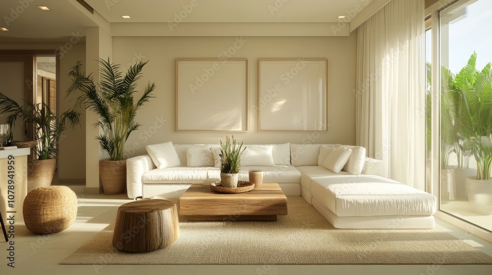 Fototapeta premium Bright, airy living room with a white sectional sofa, natural wooden coffee table, beige rug, and potted plants. Neutral beige walls complete the calm decor.