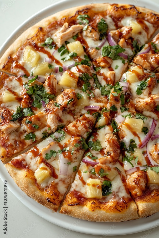 Delicious Pizza with Barbecue Sauce Base, Chicken, Pineapple, Red Onions and Cilantro Delicious Pizza with Barbecue Sauce Base, Chicken, Pineapple, Red Onions and Cilantro