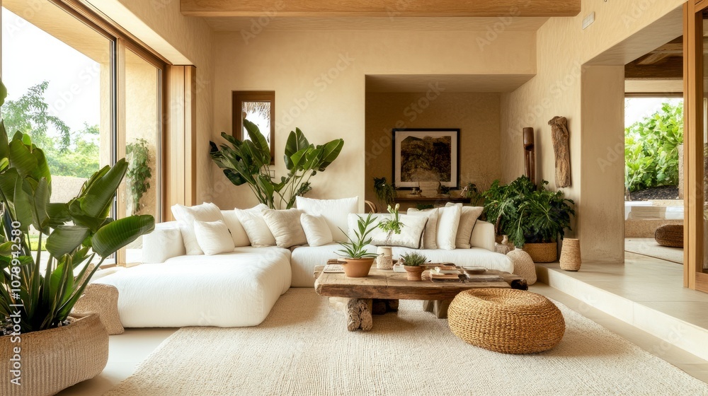 Clean, minimalist living room with a white sofa, wooden table, large beige rug, and lush greenery against beige-colored walls Clean, minimalist living room with a white sofa, wooden table, large beige rug, and lush greenery against beige-colored walls