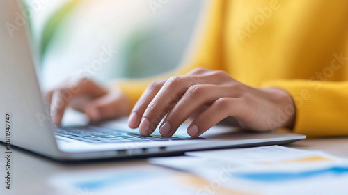 person typing on laptop with research papers nearby, focused on work