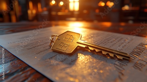 A golden house key resting on a document, symbolizing homeownership. photo