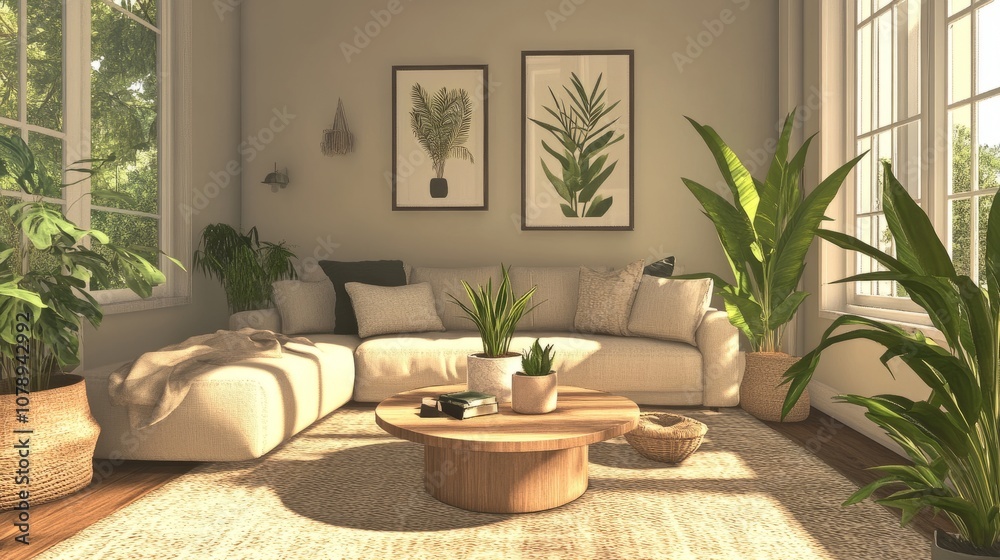 Contemporary minimalist living room with a sectional sofa, a simple wood table, beige rug, and lush green plants. Beige walls add warmth. Contemporary minimalist living room with a sectional sofa, a simple wood table, beige rug, and lush green plants. Beige walls add warmth.