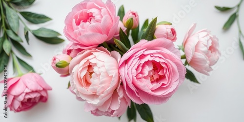 Fototapeta Naklejka Na Ścianę i Meble -  Fresh bouquet of pink peonies and roses on a white background with copy space, nature, roses, bouquet