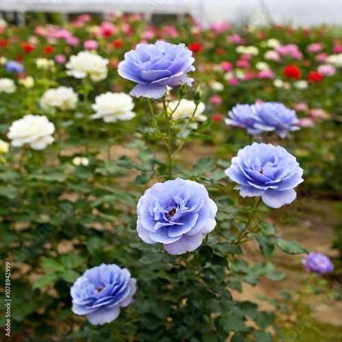 garden with blue roses in a greenhouse