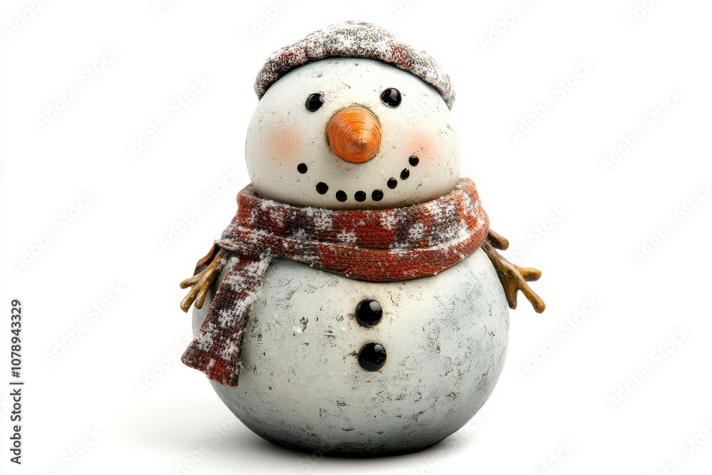 Cheerful snowman figurine with knitted scarf and hat in winter theme