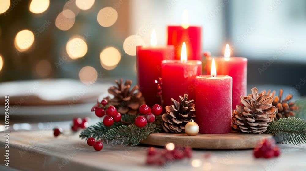 Red candles burn brightly on a wooden table, surrounded by pine cones and sprigs of holly Red candles burn brightly on a wooden table, surrounded by pine cones and sprigs of holly