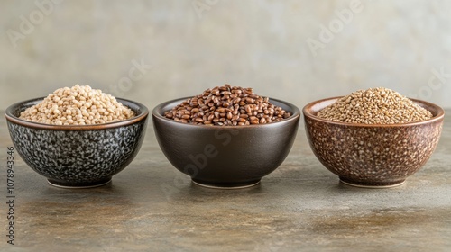 Assortment of heirloom grains like emmer, einkorn and spelt in small bowls on table. Ancient Healthy Food. Generative ai photo