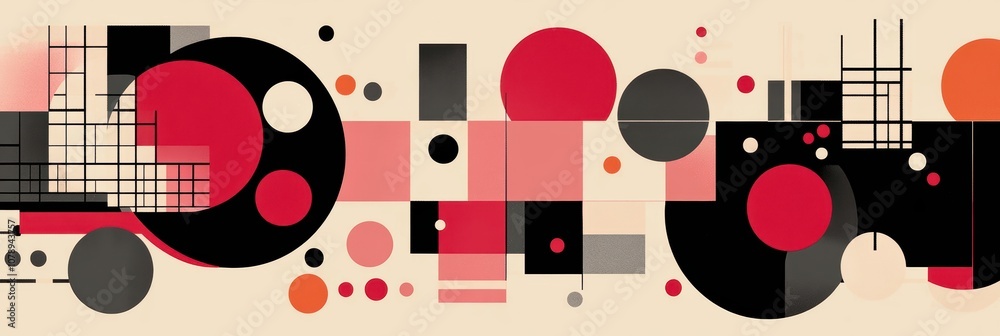 Obraz premium Abstract geometric shapes in red, black, and beige on a textured background.