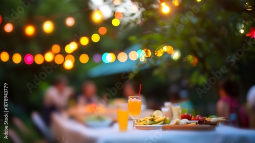 A backyard barbecue party with colorful string lights, friends enjoying drinks, and the joy of outdoor summer gatherings.