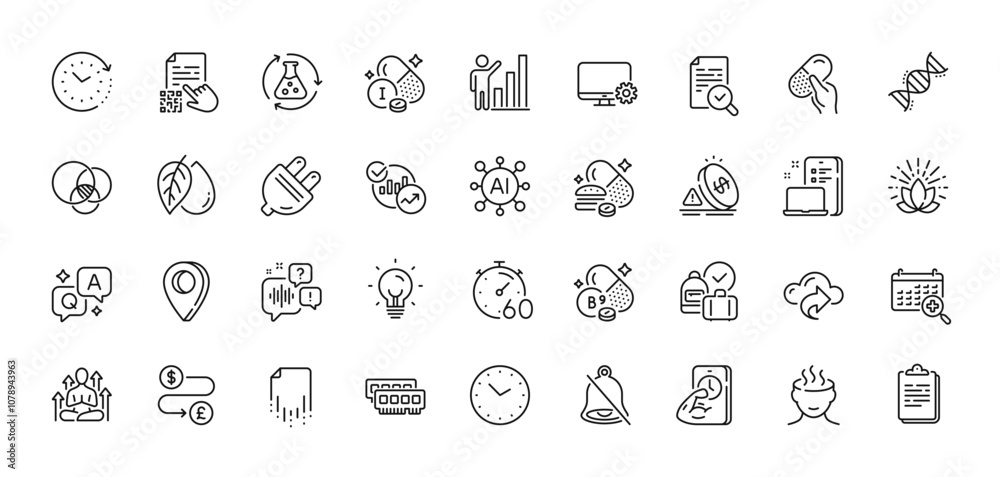 Ram, Timer and Iodine mineral line icons pack. AI, Question and Answer, Map pin icons. Graph chart, Mute, Statistics web icon. Monitor settings, Qr code, Cloud share pictogram. Vector Ram, Timer and Iodine mineral line icons pack. AI, Question and Answer, Map pin icons. Graph chart, Mute, Statistics web icon. Monitor settings, Qr code, Cloud share pictogram. Vector