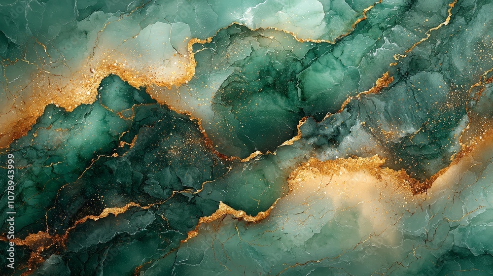 Abstract green and gold marbled texture with fluid patterns and shimmering accents. Abstract green and gold marbled texture with fluid patterns and shimmering accents.