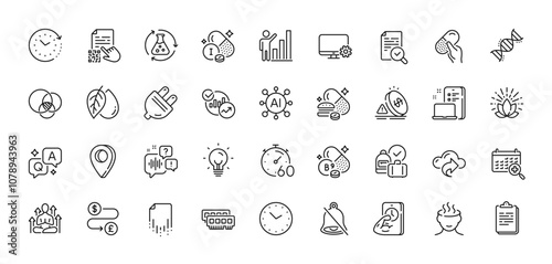 Ram, Timer and Iodine mineral line icons pack. AI, Question and Answer, Map pin icons. Graph chart, Mute, Statistics web icon. Monitor settings, Qr code, Cloud share pictogram. Vector