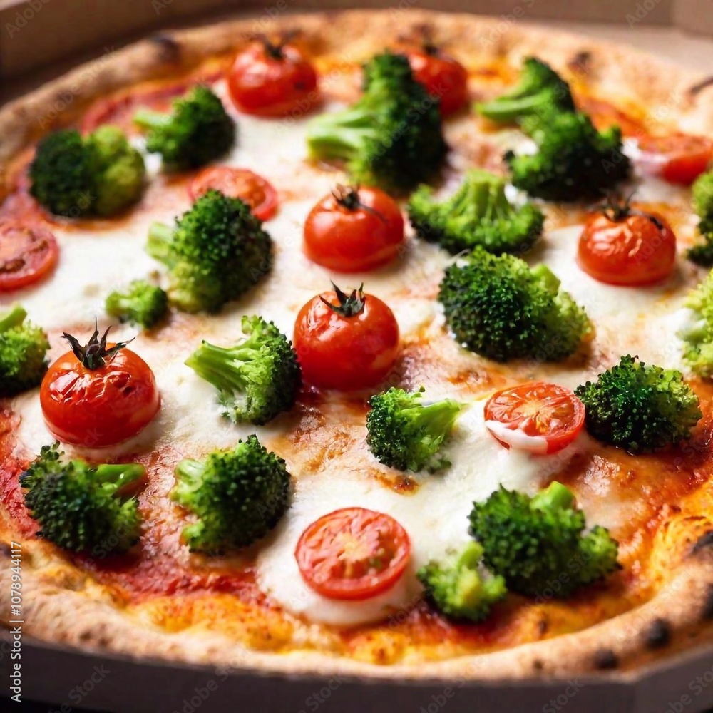 A vegetarian pizza with colorful veggies in an open box, with the vibrant toppings in sharp focus, and the box edges and background softly blurred, highlighting the freshness and healthiness of the me A vegetarian pizza with colorful veggies in an open box, with the vibrant toppings in sharp focus, and the box edges and background softly blurred, highlighting the freshness and healthiness of the me