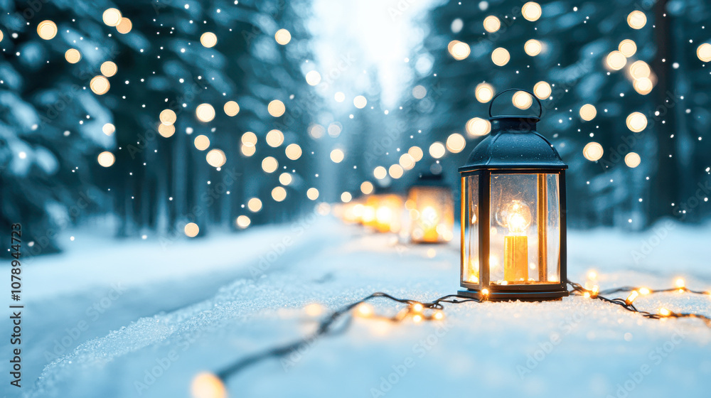 A lantern is lit up in the snow, creating a warm and cozy atmosphere A lantern is lit up in the snow, creating a warm and cozy atmosphere