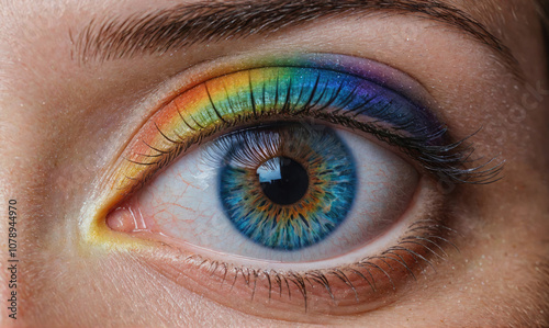 A close-up of a blue eye with rainbow eyeshadow