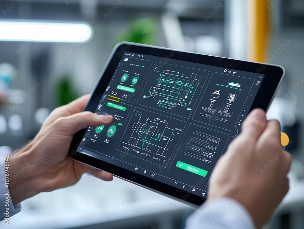 Smart Grid Monitoring App on Digital Tablet Showcasing Personal Energy Control and Optimization Smart Grid Monitoring App on Digital Tablet Showcasing Personal Energy Control and Optimization