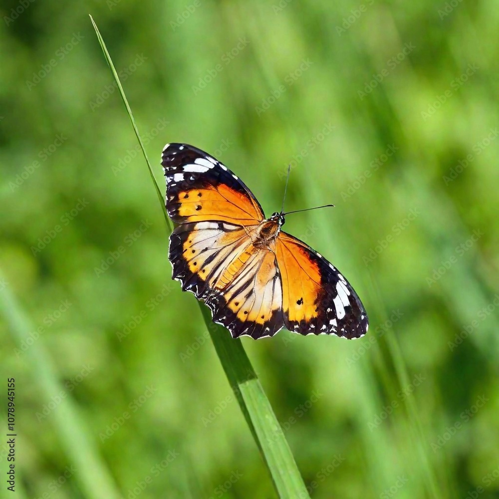 A macro photo of a butterfly resting on a blade of grass, soft focus blurring the background to a wash of green hues, low angle shot from beneath the grass level, giving the butterfly an almost toweri A macro photo of a butterfly resting on a blade of grass, soft focus blurring the background to a wash of green hues, low angle shot from beneath the grass level, giving the butterfly an almost toweri