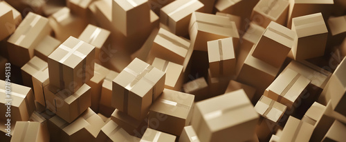 A close-up shot of a pile of cardboard boxes, some are stacked while others are scattered randomly.