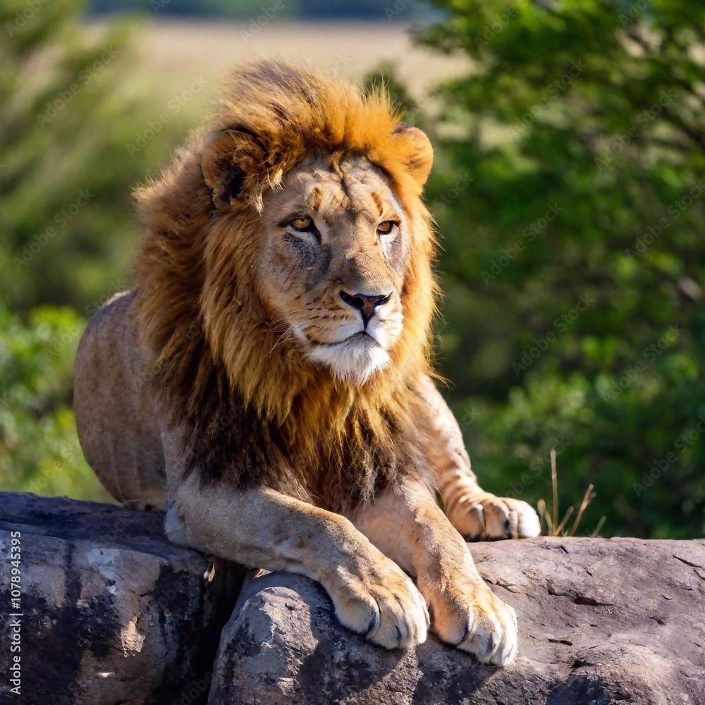 A macro photo of a lion resting on a rocky outcrop, deep focus on its relaxed posture and the texture of its mane, high-angle shot capturing the full body of the lion and the expansive landscape stret A macro photo of a lion resting on a rocky outcrop, deep focus on its relaxed posture and the texture of its mane, high-angle shot capturing the full body of the lion and the expansive landscape stret