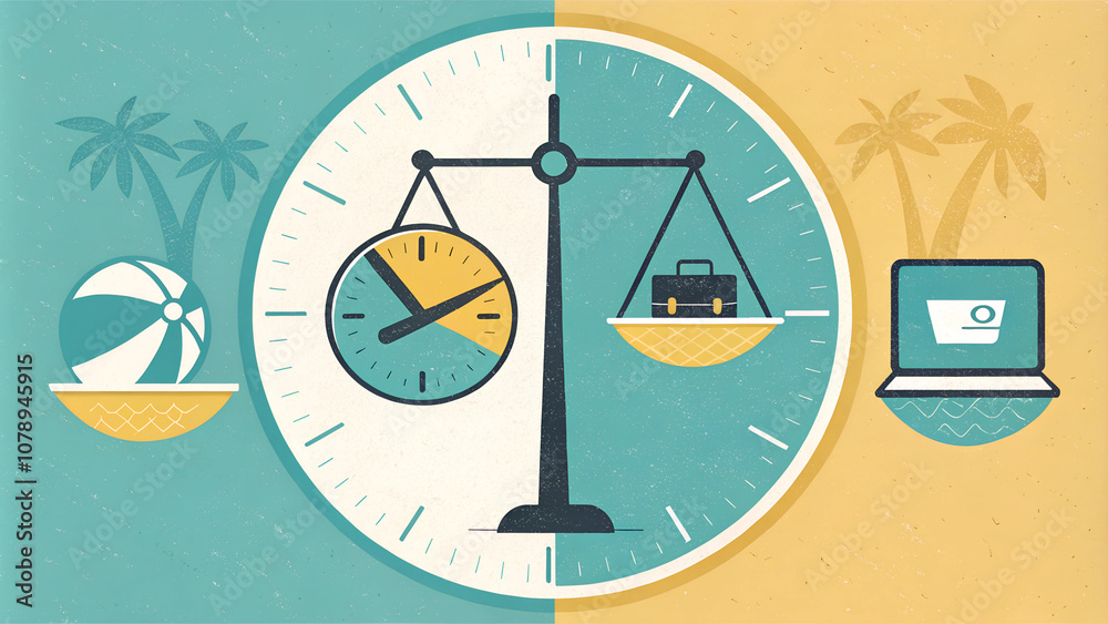 Work-Life Balance Concept with Scales, Time, and Work Icons Work-Life Balance Concept with Scales, Time, and Work Icons