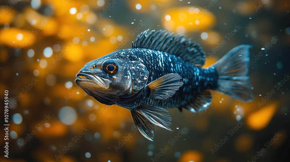 Fototapeta premium A vibrant fish swimming in an underwater scene with bubbles.
