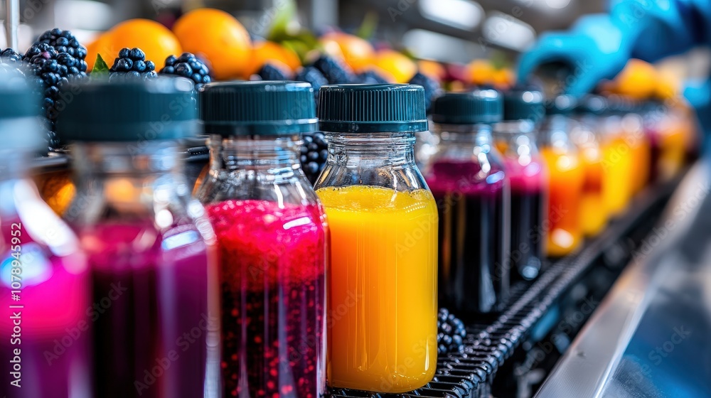 An array of vibrant fruit juice bottles on a production line, showcasing the variety of flavors and colors in modern beverage manufacturing. An array of vibrant fruit juice bottles on a production line, showcasing the variety of flavors and colors in modern beverage manufacturing.