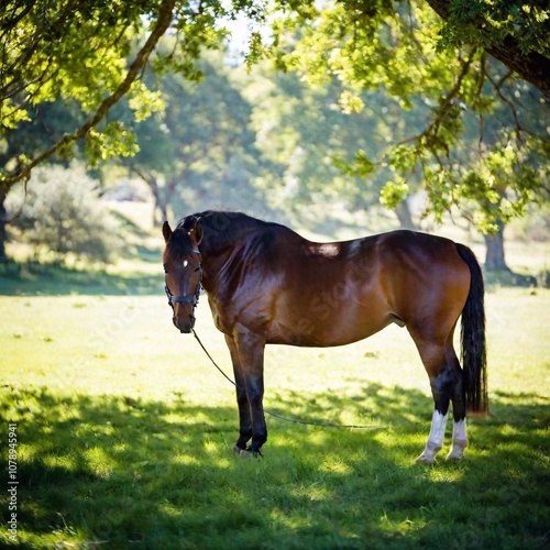 A full shot photo of a horse standing under a large oak tree, soft focus rendering the leaves and branches into a delicate green blur, high angle shot from above that shows the horse's full body and i photo