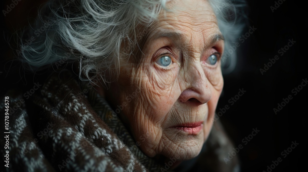 Against a colorful backdrop, a thoughtful elderly woman's contemplative pose reflects on a lifetime of memories and lessons learned Against a colorful backdrop, a thoughtful elderly woman's contemplative pose reflects on a lifetime of memories and lessons learned