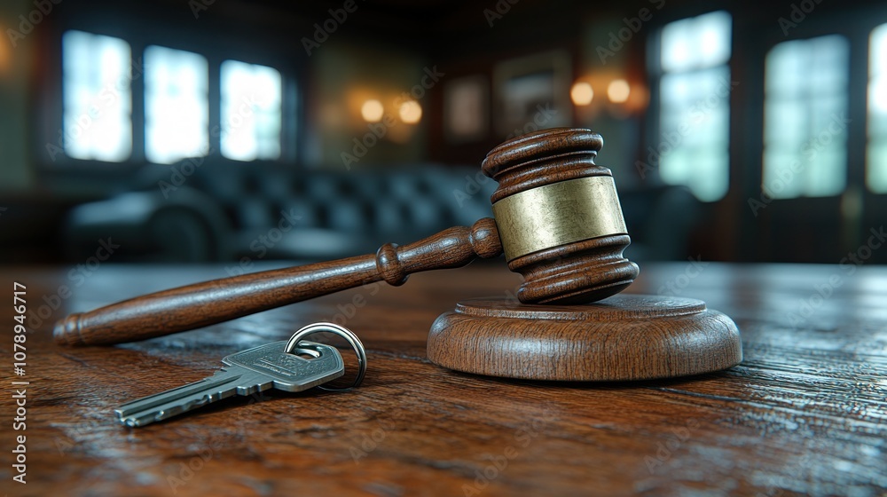A judge's gavel rests on a wooden table with a key beside it.