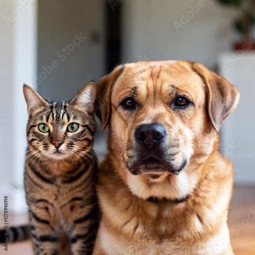 A macro photo with focus pull, high angle shot of a dog and cat lounging together, capturing their full bodies with the focus shifting from the background to the fine details of their fur and expressi