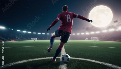 a football, soccer player kicking the ball on the football stadium
