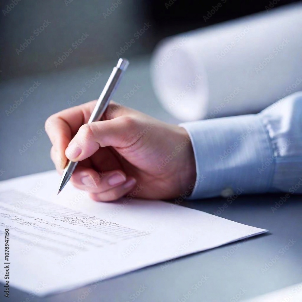 A high-resolution ultrarealistic image depicting a hand holding a sleek black and silver pen poised over a document. The hand, emerging from a neatly pressed light blue dress shirt, is captured in sof A high-resolution ultrarealistic image depicting a hand holding a sleek black and silver pen poised over a document. The hand, emerging from a neatly pressed light blue dress shirt, is captured in sof