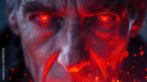 Intense close-up of a man's eyes glowing with fiery red light amidst dark background