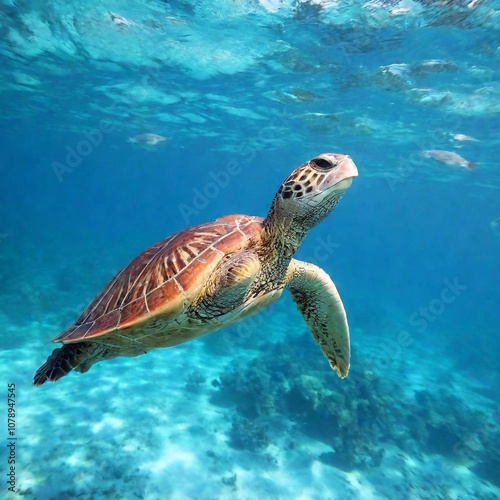 An ultra-realistic full shot photo of a turtle swimming alongside a school of fish, captured at shoulder level with deep focus to bring out the dynamic interaction between the turtle and its aquatic c photo