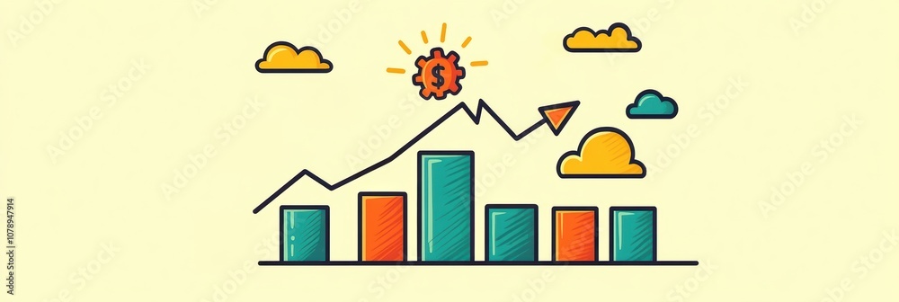 Fototapeta premium Colorful growth chart with clouds and sun, depicting financial success.