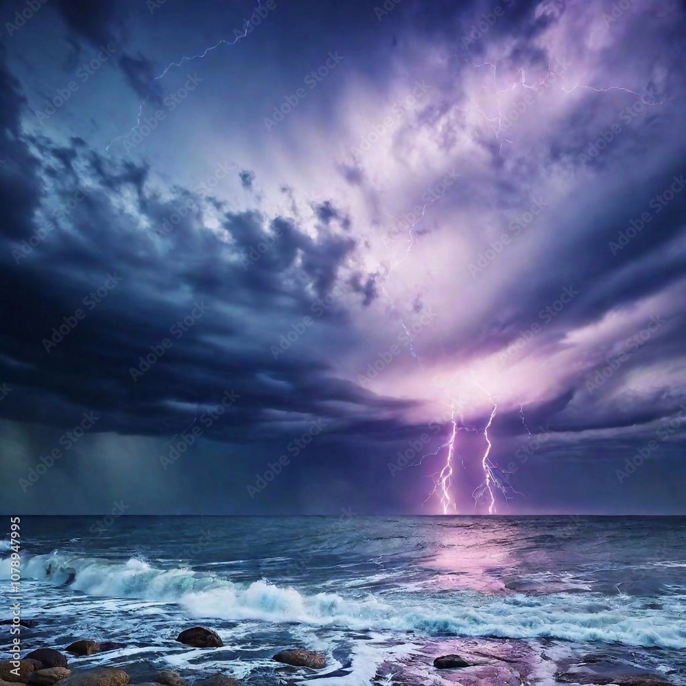 A high-resolution ultrarealistic image captures a dramatic seascape during an intense thunderstorm. This digital artwork showcases a turbulent ocean with waves crashing against the shore. Above, the d A high-resolution ultrarealistic image captures a dramatic seascape during an intense thunderstorm. This digital artwork showcases a turbulent ocean with waves crashing against the shore. Above, the d