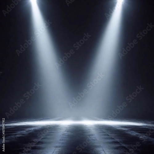 A high-resolution ultrarealistic image depicts two bright white spotlights converging at an angle, illuminating a misty, darkened space. The background is pitch black, creating a stark contrast agains
