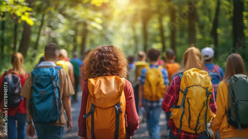 Group hiking adventure in sunlit forest trail with backpacks