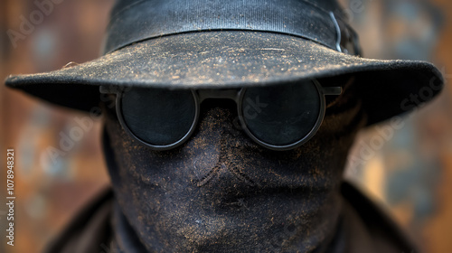 Masked figure in black hat and glasses conceals identity in mysterious portrait photo