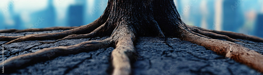 environmental impact concept. Tree roots extending into urban infrastructure, symbolizing nature resilience