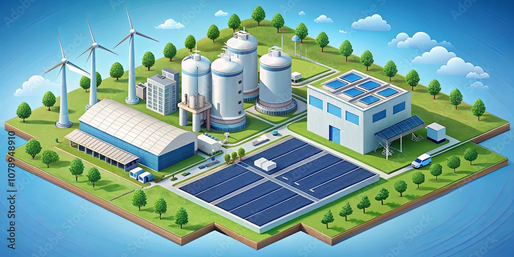 Modern Eco-Friendly Industrial Complex with Wind Turbines, Solar Panels, Storage Silos, and Green Landscaping in a Blue Sky Background for Sustainable Development Concepts