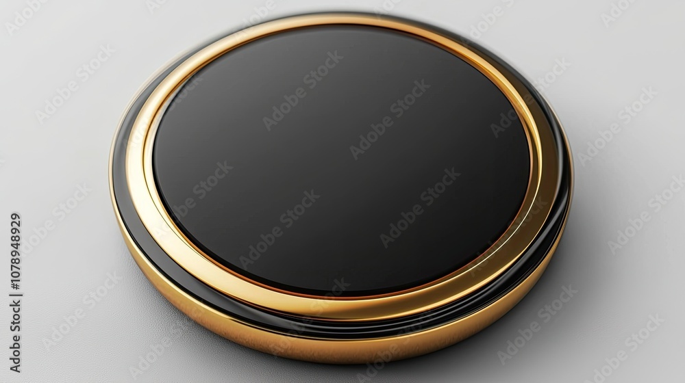 Elegant black and gold round button with a sleek design on a white background. Elegant black and gold round button with a sleek design on a white background.