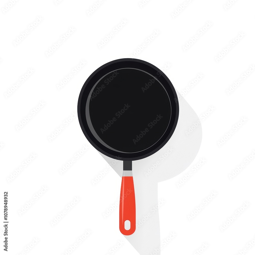 Black frying pan with a red handle, white isolated background.