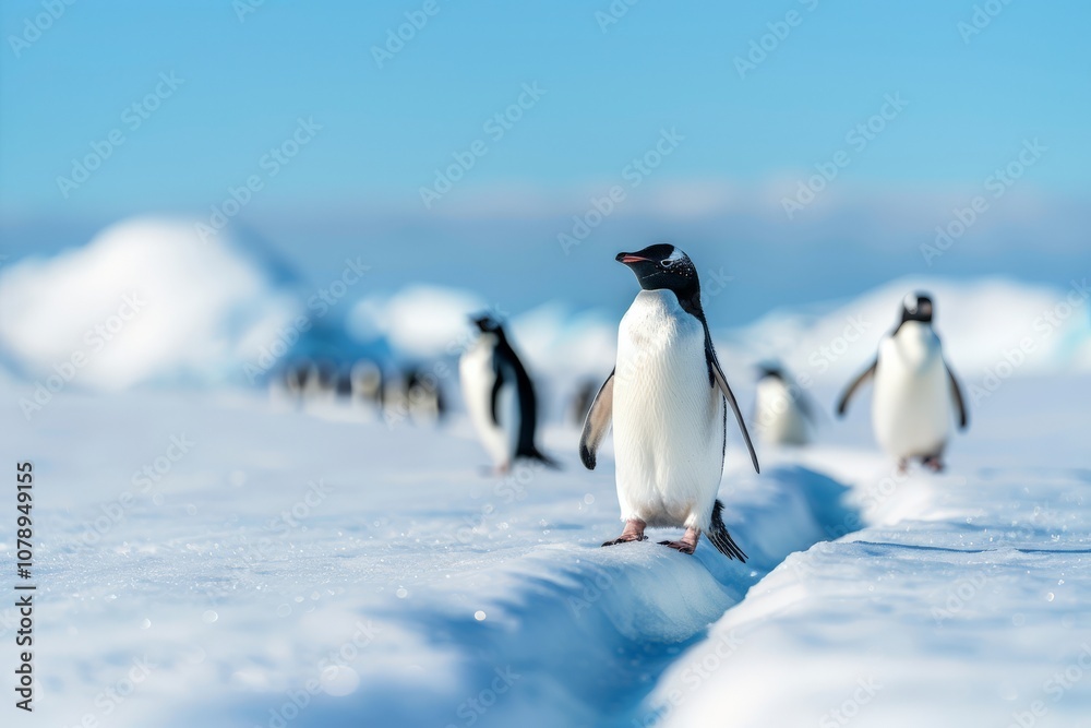 Obraz premium A solitary penguin walks steadily on the snowy ground of Antarctica, surrounded by others in the distance, enjoying a clear, sunny day in the polar environment